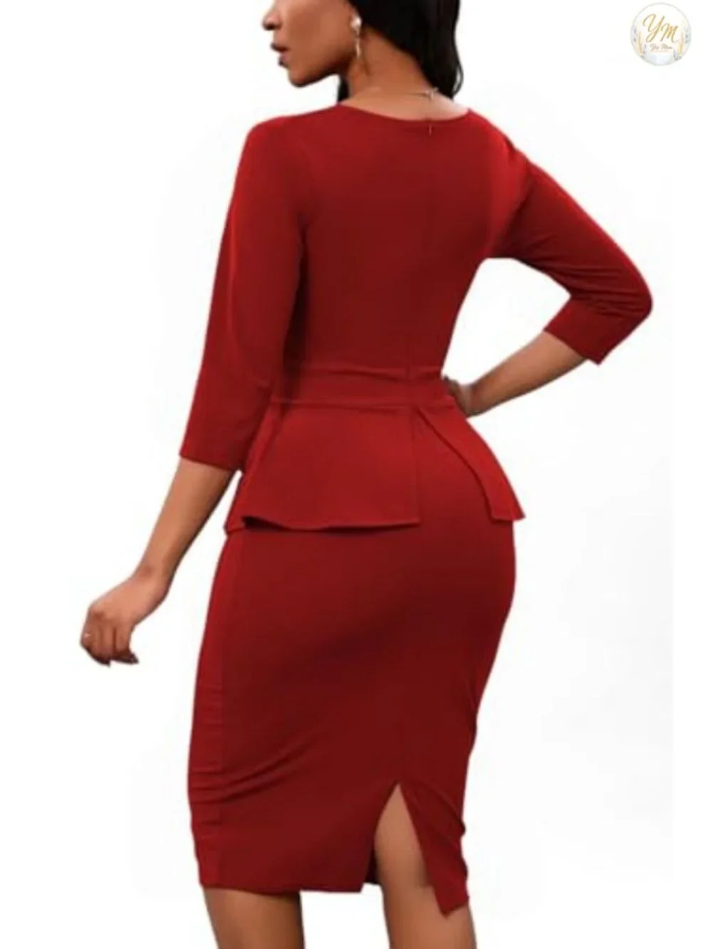 Peplum Bodycon Midi Dress Work Office Business Pencil Dress 3/4 Sleeve